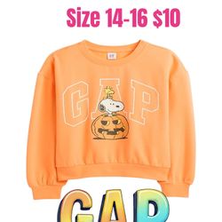 Gap Kids Orange Peanuts Snoopy and Woodstock Halloween Sweatshirt Size XXL❤️M16 042526