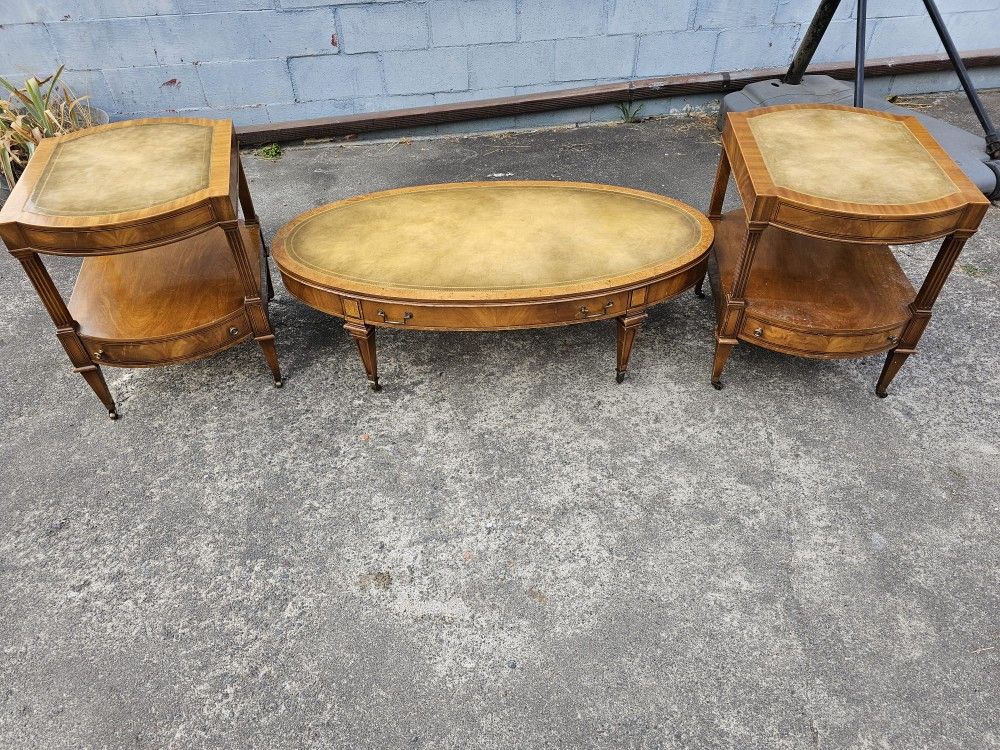 Coffee Table And 2 End Tables Leather Inlay