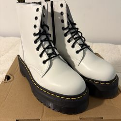 Dr. Martens Jaden White Leather Platform Lace-Up Boots with Black Lug Sole