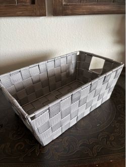 heather gray woven strap shelf baskets with a durable steel frame