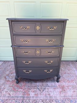 Bassett French Provincial Tall Dresser — Charcoal Grey w/ Brass Handles