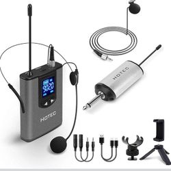HOTEC UHF Wireless Headset Microphone/Lavalier Lapel Mic with Bodypack Transmitter and Mini Rechargeable Receiver 1/4" Output for Vlogging or Speech