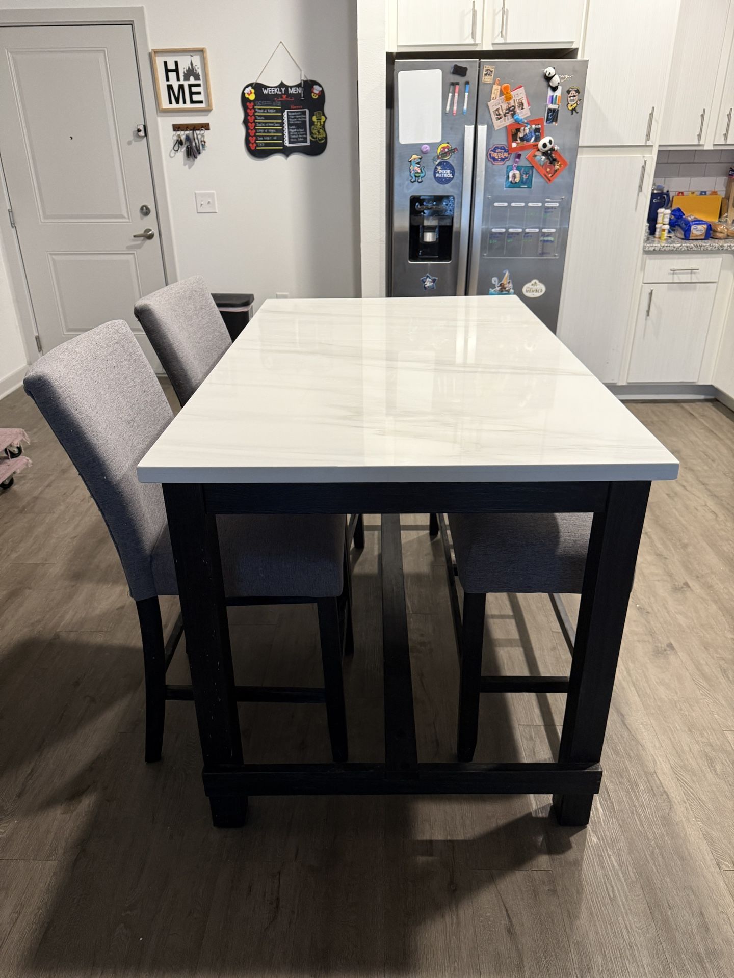 Counter Height Marble Dining Table, 2 Chairs, Bench