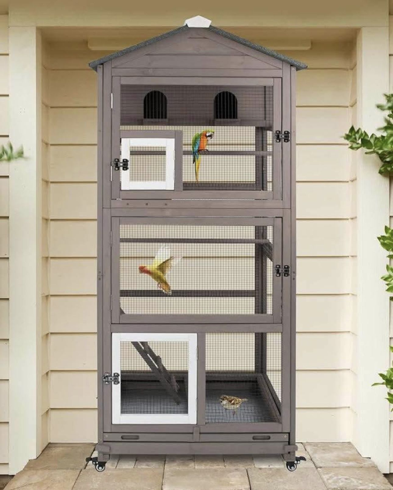 68.8"L Outdoor Bird Aviary Indoor Wooden Large Bird Cage Parakeet Cage on Wheels,Removable Wire Nett