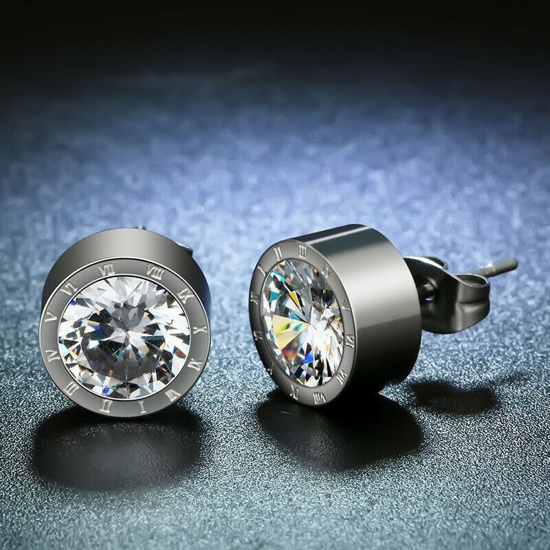 Round Silver Earring Clear CZ Stone Numeral Stud