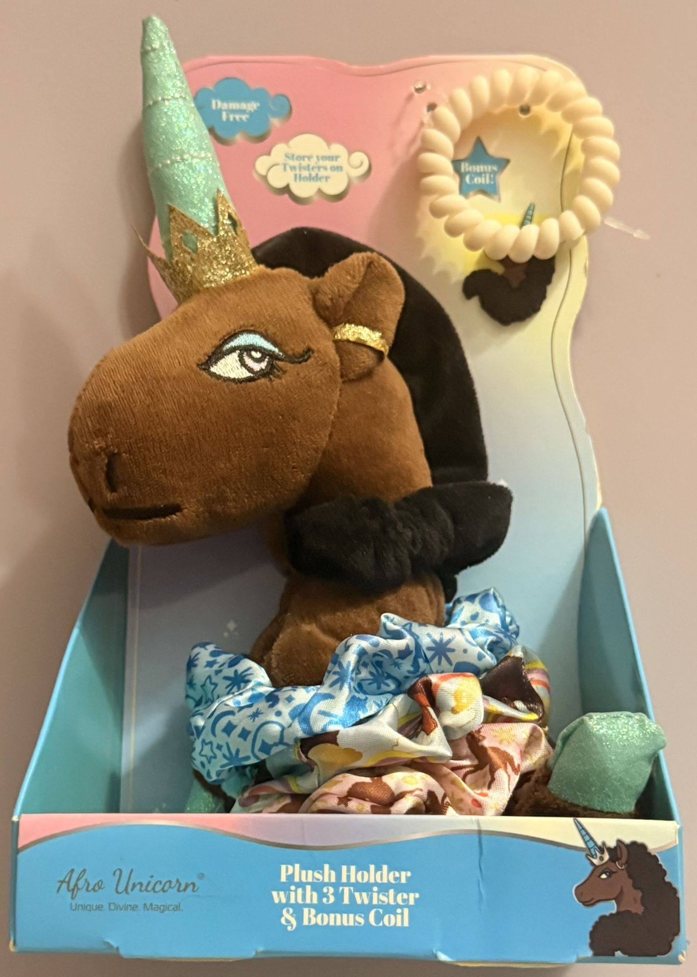 Afro Unicorn Plush Holder With 3 Hair Twisters & Bonus Coil New