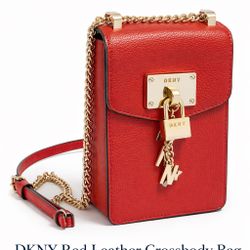 DKNY Red Leather Crossbody Bag – Gold Chain & Lock Detail