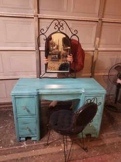 Vintage vanity with mirror and chair