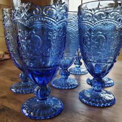 Blue Glass Etched Chalices, Set Of 8 Wine Goblets