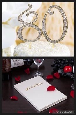RHINESTONE GOLD “80” CAKE TOPPER WITH KEEPSAKE BOX
