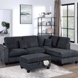 3-Piece Sectional Set RAF Chaise + LAF Sofa W/ USB Port + Storage Ottoman  Color: Black