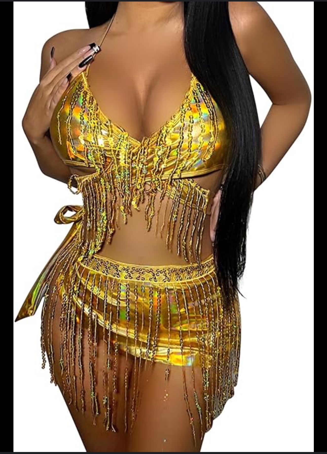 Women's Shiny Metallic Sequin Tassel Mini Skirt