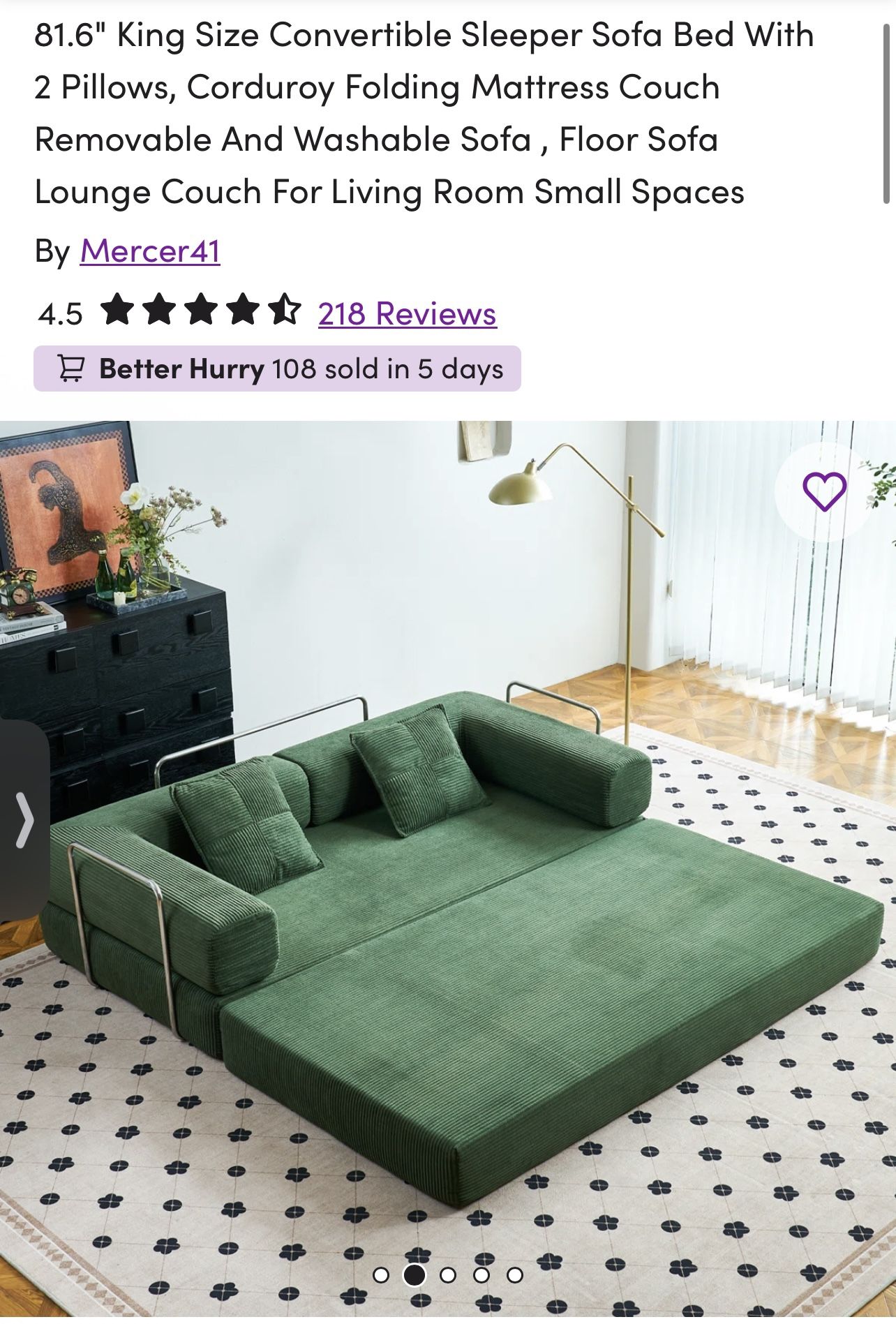 Corduroy King Size Couch, Fold Out Bed Green