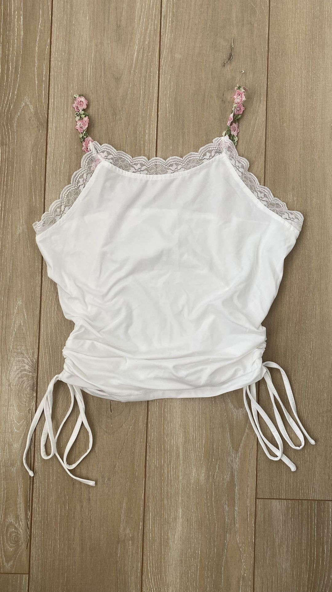 Elegant White Camisole With Floral Straps