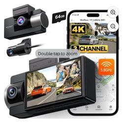 i17 4K 3 Channel Dash Cam, 5.8GHz WiFi & GPS with 64GB Card, 4K+1080P+1080P Dash Cam Front and Rear Inside, Triple Car Camera with 3 Inch Screen, IR N