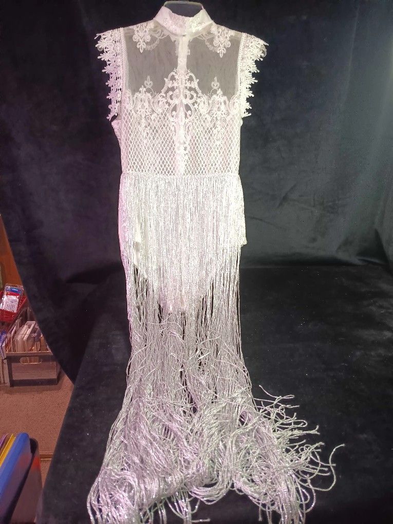 Fancy Ehite Lace Body suit Dress W Fringe