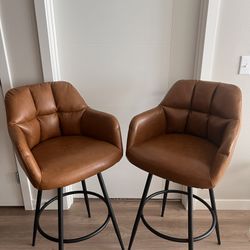 Brown Leather Bar Stools Set of 2 Modern