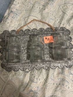 Rustic Galvanized Metal Tray with 3 Glass Jars