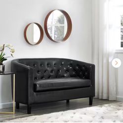 49 in. Midcentury Modern Black Button Tufted Faux Leather 2-Seat Barrel Loveseat