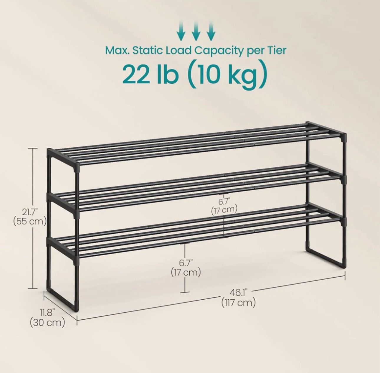 SONGMICS Shoe Rack 3-Tier Shoe Organizer Metal Storage Shelf - Black