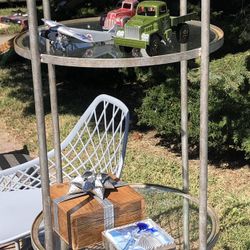 Tall Silvery Metal Shelving With 3 Round Glass Shelves