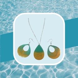 Dangle Earrings With Teardrop Necklace Handmade Resin 21” Chain Blue And Gold Beach Set