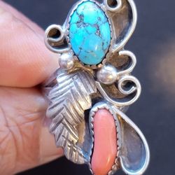 Beautiful Vintage Turquoise Coral ring sterling silver size 7