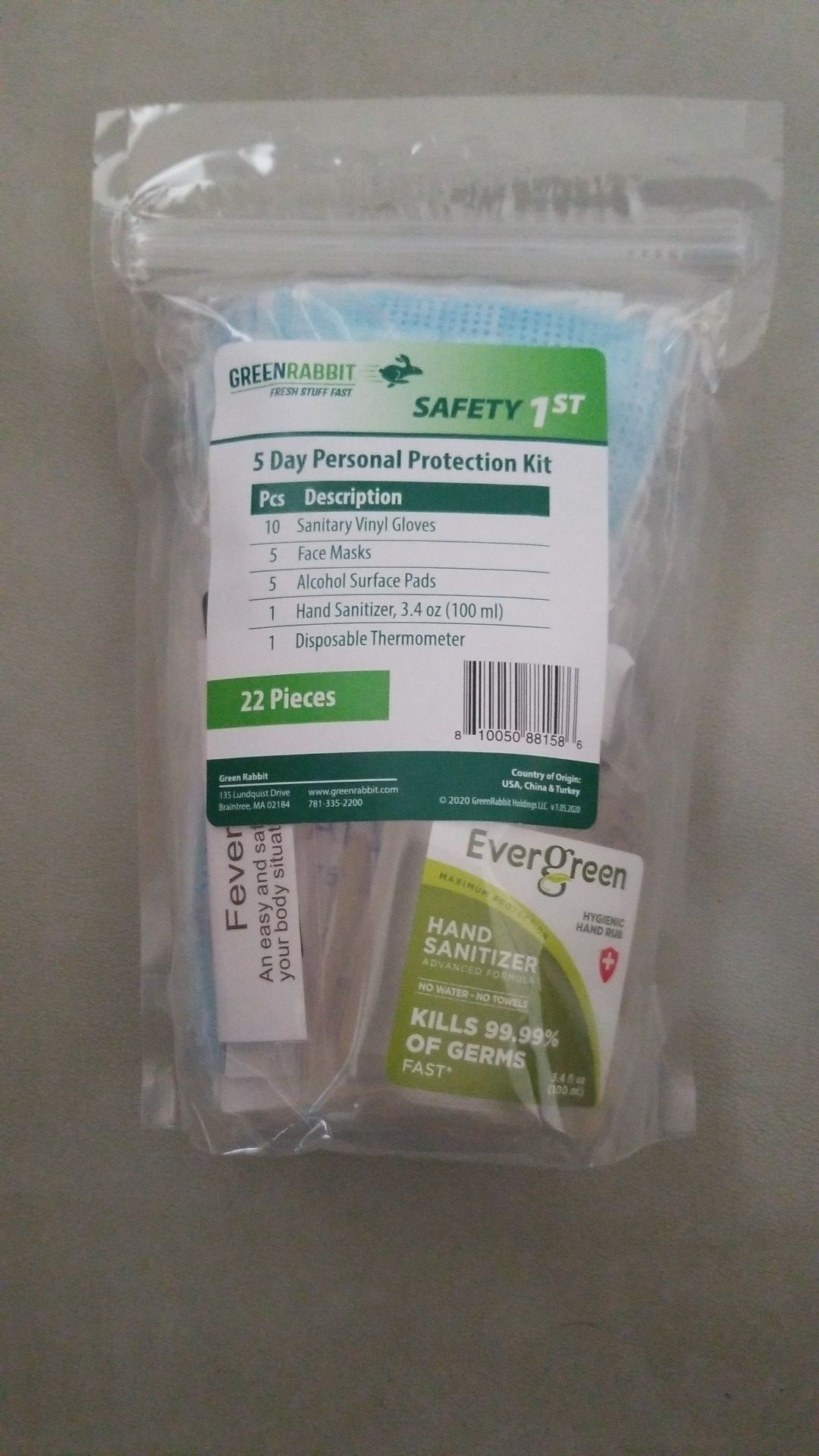 Mask Safety 1st Five Day Personal Protection Kit 22 pieces plus resealable bag