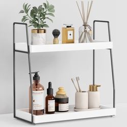 Forbena 2 Tier Bathroom Counter Organizer, White and Grey Coffee Bar Organizer for Countertop, Wood Shelf Tray for Vanity Makeup Storage, Small Kitche