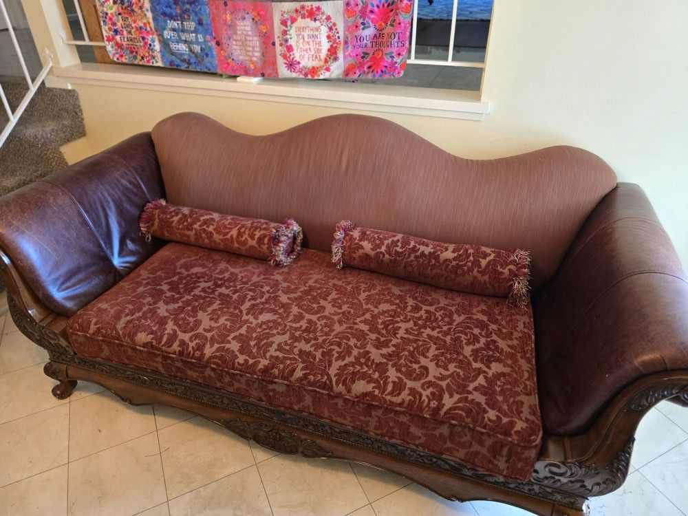 2 Victorian Wood/Leather Sofa And Love Seat With Pillows