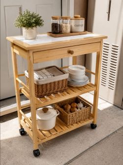 Kitchen Cart Island for Small Spaces - Extra Counter Space or Spice Rack - Portable Dining Table with Wheels - Elegant Solid Wood Top, Spice Drawer
Me