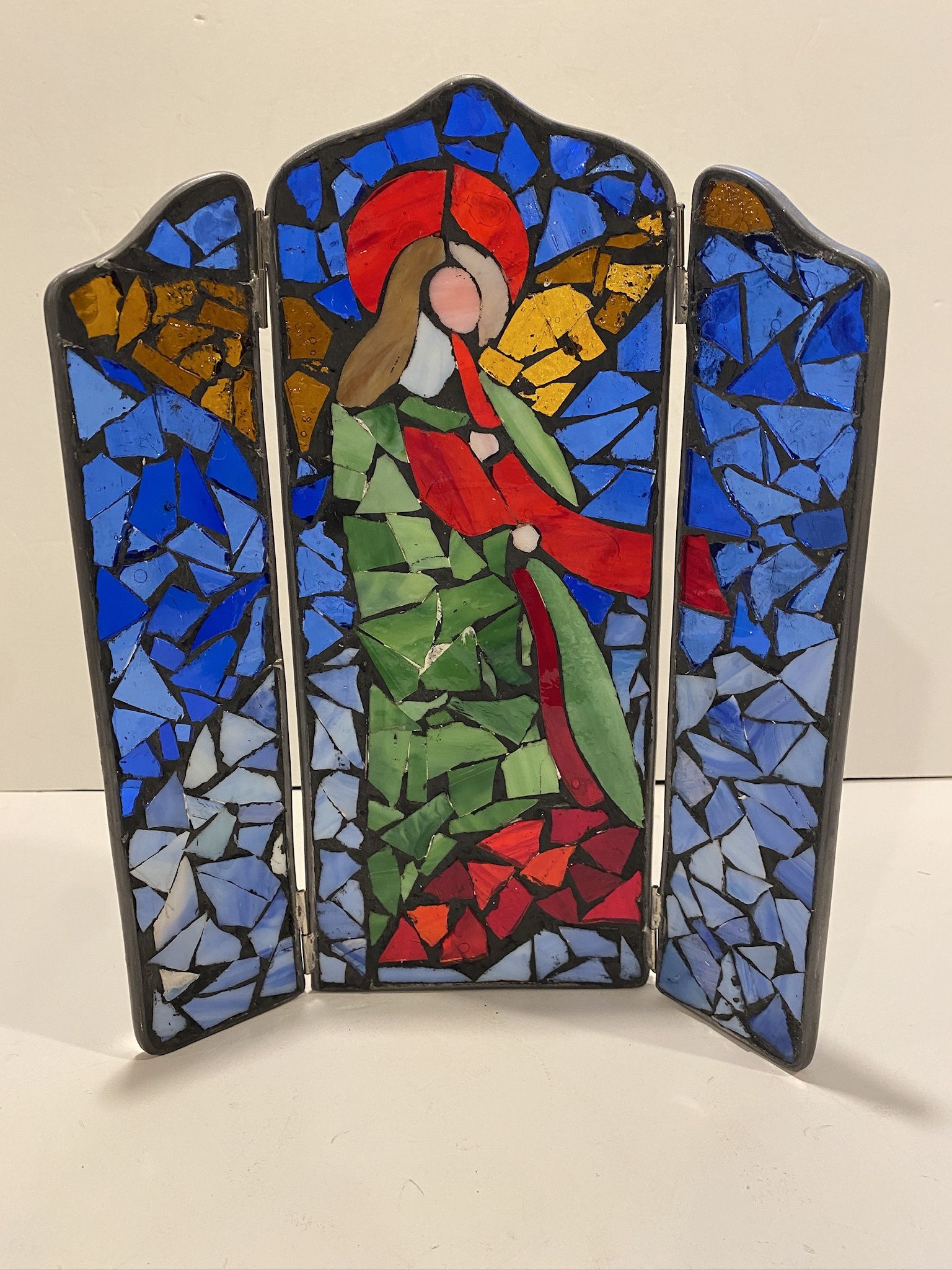 Vintage Stained Glass Angel Trifold Triptych Tabletop Window Panel 11” tall and 9” wide  