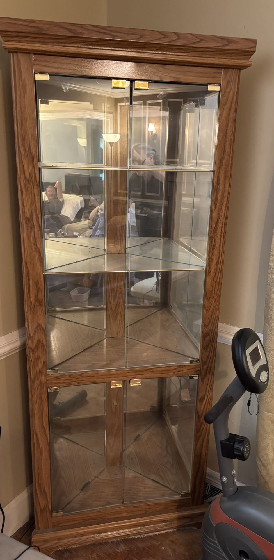 Lighted, Wooden, Glass & Mirror Corner Curio Cabinet
