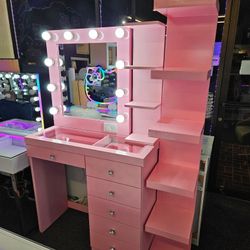 Complete Vanity Set Pink Includes 2 Shelves, Desk & Hollywood Mirror $699