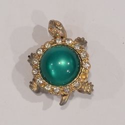 Vintage Modernist Deco Gold Tone Jeweled Turtle Brooch Pin