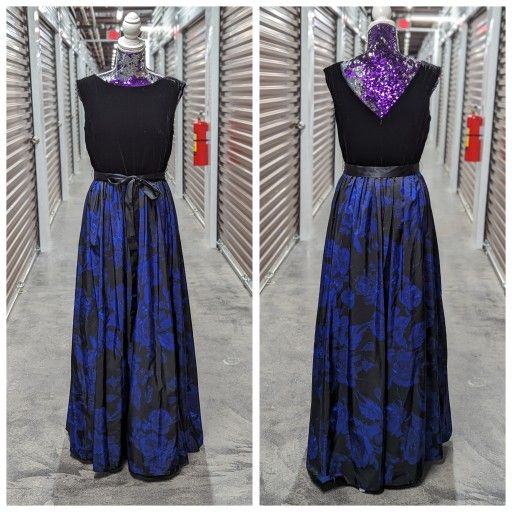 Aidan Maddox Size 12 Aline Blue Black Floral Print Maxi Dress Gown Prom Formal