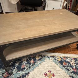 Industrial Coffee Table with Casters – Solid Wood & Metal Frame