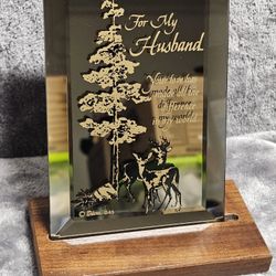 Vintage Dacra Glass 045 Mirrored Beveled Plaque w/ Wood Stand For My Husband... 