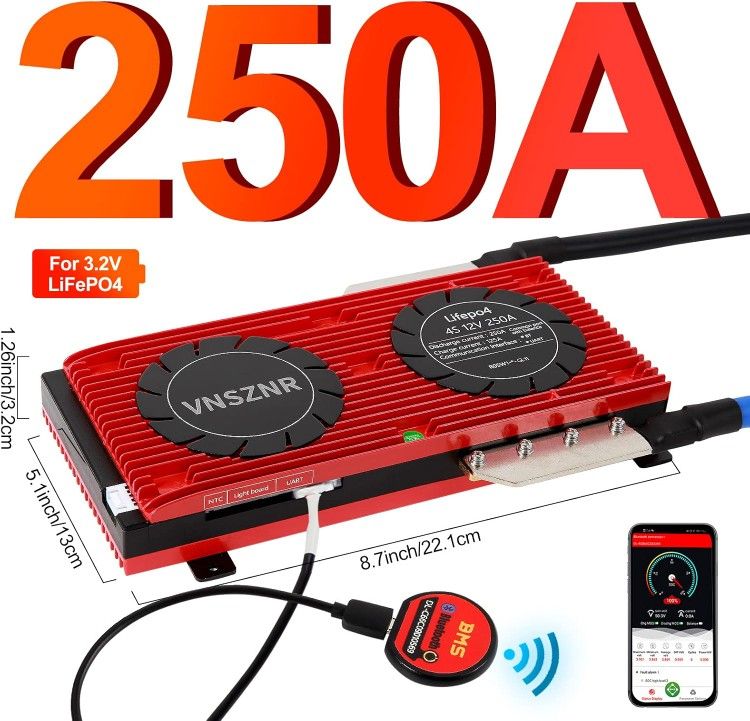 BMS Board LiFePO4 4S 12V 250A Smart PCB Battery Management System with Balance Leads Wires and Wireless Module for Lithium Iron Phosphate