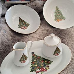 Christmas Platter,creamer And Sugar, Serving Bowl
