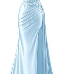 Baby Blue Formal Dress With Corset And Slit 
