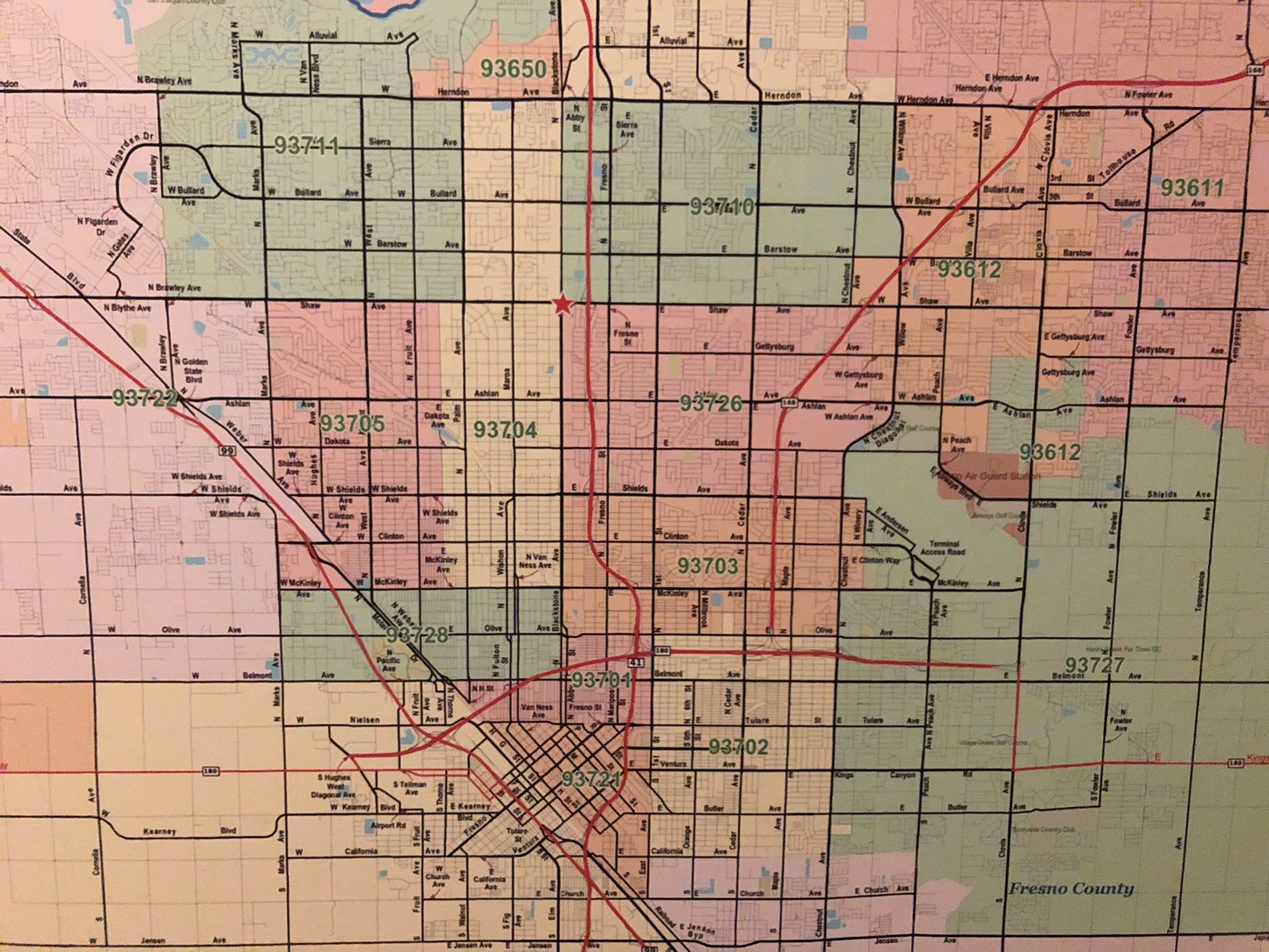 City Of Fresno Canvas Map Art Colored Zip Codes High Resolution