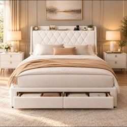 Queen Bed Frame with Storage, Velvet Upholstered Platform Bed Frame with Crystal Tufted Headboard, Charging Station, 2 Drawers, No Box Spring Needed, 