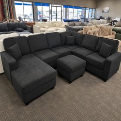 Chenille fabric sectional sofa with ottoman
