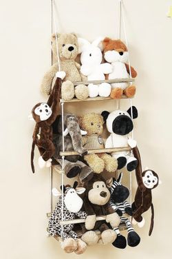 Stuffed Animal Storage Organizer Hanging Shelves, 3 Tier Wood Floating Shelf Toy Hammock