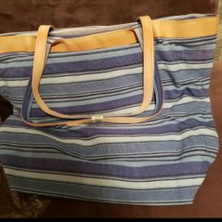 Large Blue Canvas Tote with Leather Straps