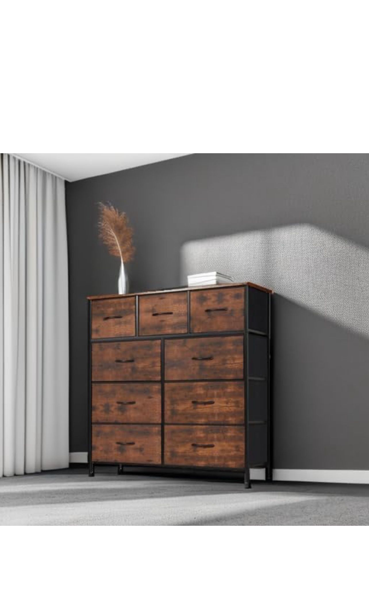 DUMOS Dresser for Bedroom, Storage Organizer with 9 Drawers, Chest of Drawers with Fabric Bins, Sturdy Metal Frame, Wood Tabletop for Guest Room, Clos