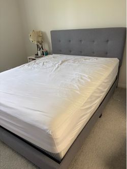 Beautiful, almost like new gray Upholstered Queen Bed Frame with Mattress