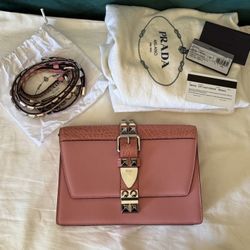 auth Prada Elektra 1BD120 Pink Studded Flap Shoulder Bag City Calf + Croc Trim – Excellent Condition 