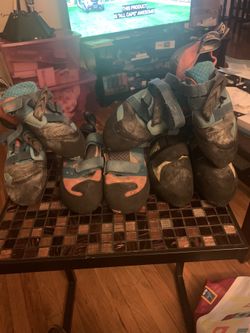 Evolv shamans x2 pair, evolv Raptor, 5:10 quantum vcs. Used and worn rock climbing shoes. Need to be re -soled.